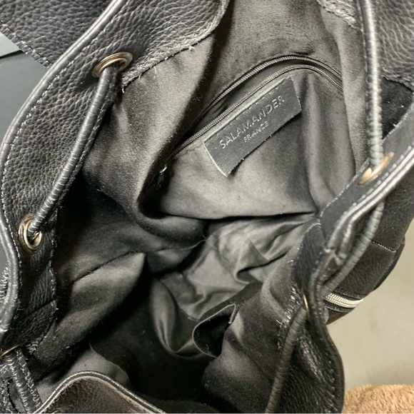 Salamander Black Pebble Leather Backpack Bucket Bag Ajustable Strap Made Italy - Picture 10 of 15